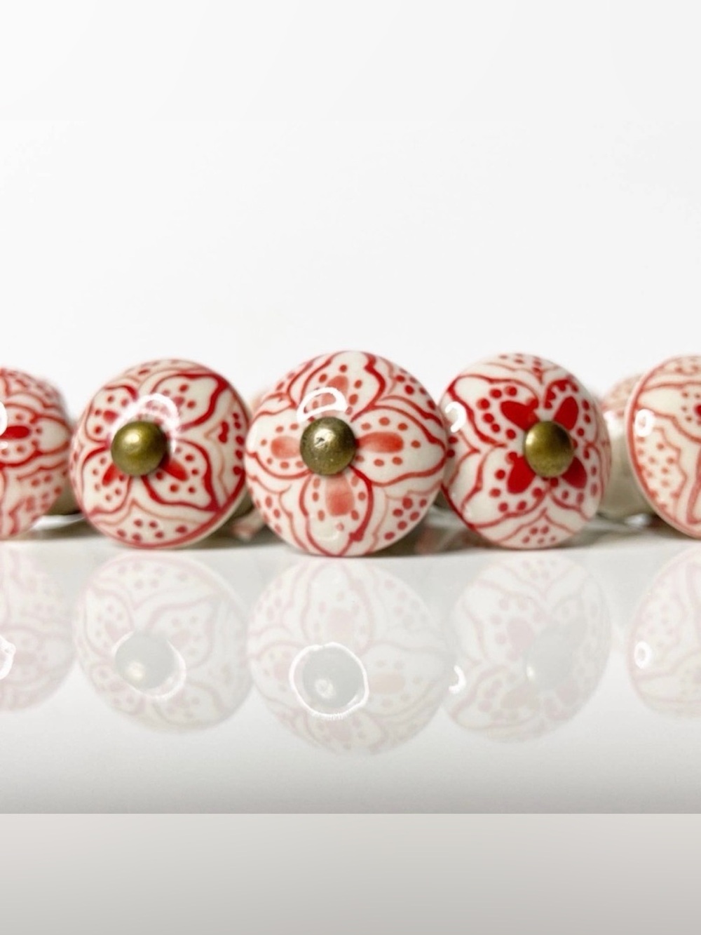 World Market Lot of 12 Hand Painted Ceramic Bohemian Drawer Knobs Cream Red